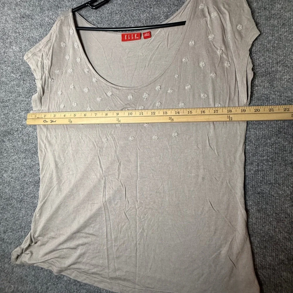 ELLE Womens Taupe Beaded Polka Dot Cap Sleeve Scoop Neck Rayon Top Large